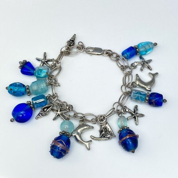 Vintage India Sterling Silver 925 Blue Glass Ocean Sea Charm Bracelet 7" - Picture 1 of 5